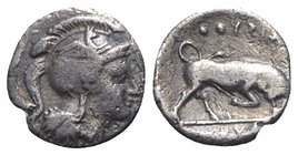 Southern Lucania, Thourioi, c. 350-300 BC. AR Triobol (9mm, 0.82g, 12h). Head of Athena r., wearing crested helmet decorated with griffin. R/ Bull but...
