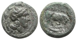 Southern Lucania, Thourioi, c. 325-300 BC. Æ (21mm, 9.14g, 11h). Head of Athena r., wearing helmet decorated with Skylla holding trident. R/ Bull butt...