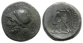 Bruttium, The Brettii, c. 214-211 BC. Æ Double Unit - Didrachm (27mm, 19.89g, 9h). Head of Ares left, wearing crested Corinthian helmet decorated with...