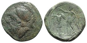 Bruttium, The Brettii, c. 214-211 BC. Æ Double Unit - Didrachm (26mm, 14.49g, 6h). Head of Ares left, wearing crested Corinthian helmet decorated with...