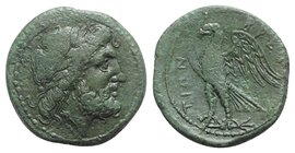 Bruttium, The Brettii, c. 211-208 BC. Æ Unit (21mm, 6.68g, 3h). Laureate head of Zeus r. R/ Eagle standing l., with wings spread. HNItaly 1980. Green ...