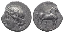 Bruttium, Carthaginian occupation, c. 215-205 BC. AR Quarter Shekel (14mm, 1.77g, 12h). Wreathed head of Tanit-Demeter l. R/ Horse standing r. HNItaly...