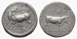 Bruttium, Laos, c. 480-460 BC. AR Stater (19.5mm, 7.99g, 12h). Man headed bull l., head reverted. R/ Man headed bull standing r. Sternberg -; HNItaly ...