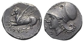 Bruttium, Lokroi Epizephyrioi, c. 350-275 BC. AR Stater (21mm, 7.99g, 6h). Pegasos flying l.; thunderbolt below. R/ Head of Athena l., wearing Corinth...
