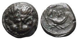 Bruttium, Rhegion, c. 425/0-415/0 BC. Æ (8mm, 1.07g, 6h). Facing lion’s scalp. R/ Olive spray encircling PH. HNItaly 2522; SNG ANS 683. VF