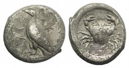 Sicily, Akragas, c. 480/478-470 BC. AR Didrachm (20mm, 8.18g, 11h). Eagle standing l. R/ Crab; barley grain below; all within shallow incuse circle. J...