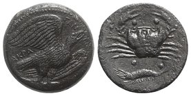 Sicily, Akragas, c. 425/0-410/06 BC. Æ Hemilitron (25mm, 10.89g, 5h). Eagle standing r., head raised, wings spread, on fish. R/ Crab; crayfish below; ...