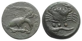 Sicily, Akragas, c. 425/0-410/06 BC. Æ Tetras – Trionkion (20mm, 6.97g, 6h). Eagle, wings raised, standing r., tearing at hare. R/ Crab; below, crawfi...
