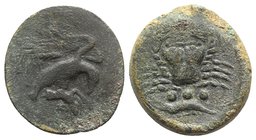 Sicily, Akragas, c. 425-406 BC. Æ Tetras (25mm, 8.57g, 7h). Eagle standing r. on hare, head lowered, wings spread. R/ Crab; below, three pellets and c...