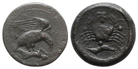 Sicily, Akragas, c. 425-406 BC. Æ Tetras (22mm, 8.70g, 6h). Eagle standing r. on hare, head lowered, wings spread. R/ Crab; vine leaf above, three pel...
