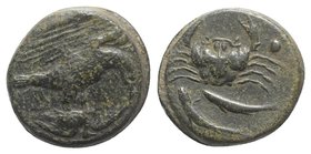 Sicily, Akragas, c. 425-406 BC. Æ Hexas (19mm, 6.77g, 7h). Eagle standing r. on bird, head lowered, wings spread. R/ Crab; two fish below, two pellets...