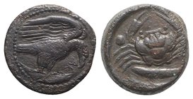 Sicily, Akragas, c. 425-406 BC. Æ Hexas (17mm, 7.09g, 9h). Eagle standing r. on fish. R/ Crab; two fish below. CNS I, 74; HGC 2, 148. VF