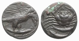 Sicily, Akragas, c. 425-406 BC. Æ Hexas (17mm, 7.02g, 12h). Eagle, with head lowered, standing r. on fish. R/ Crab; two fish below, A above; two pelle...