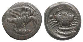 Sicily, Akragas, c. 425-406 BC. Æ Hexas (19mm, 6.82g, 6h). Eagle, with head lowered, standing r. on tortoise. R/ Crab; two fish below; two pellets. CN...