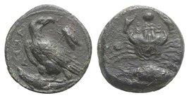 Sicily, Akragas, c. 425-406 BC. Æ Onkia (15mm, 3.74g, 6h). Eagle standing l. on fish, head r. R/ Crab; below, grouper l. CNS I, 85; HGC 2, 151. VF