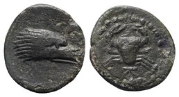 Sicily, Akragas, c. 425-406 BC. Æ Onkia (11mm, 1.74g, 1h). Crab. R/ Head of eagle r. CNS I, 87; HGC 2, 153. Green patina, near VF
