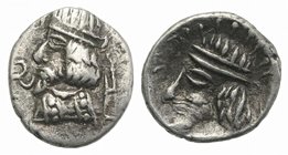 Kings of Persis. Kapat (Napad, mid-late 1st century AD). AR Obol (8mm, 0.41g, 11h). Bearded bust l., wearing diadem and Parthian-style tiara. R/ Beard...
