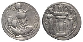 Sasanian Kings, Yazdgird (Yazdgard) II (438-457). AR Drachm (22mm, 2.64g, 3h). WH (Veh-Ardashir). Crowned bust r. R/ Fire altar with ribbons and atten...