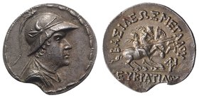 Baktria, Eukratides I (c. 170-145 BC). AR Tetradrachm (32mm, 16.49g, 12h). Diademed, draped and cuirassed bust r., wearing crested helmet adorned with...