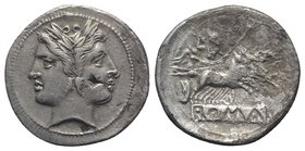 Anonymous, Rome, c. 225-212 BC. AR Quadrigatus (25mm, 6.02g, 6h). Laureate head of Janus. R/ Jupiter, holding sceptre and thunderbolt, in quadriga dri...