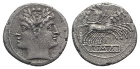 Anonymous, Rome, c. 225-212 BC. AR Quadrigatus (20.5mm, 6.04g, 12h). Laureate head of Janus. R/ Jupiter, holding sceptre and thunderbolt, in quadriga ...