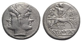 Anonymous, Rome, c. 225-212 BC. AR Quadrigatus (17mm, 5.76g, 9h). Laureate head of Janus. R/ Jupiter, holding sceptre and thunderbolt, in quadriga dri...