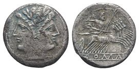 Anonymous, Rome, c. 225-212 BC. AR Quadrigatus (18.5mm, 3.60g, 7h). Laureate head of Janus. R/ Jupiter, holding sceptre and thunderbolt, in quadriga d...