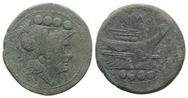 Anonymous, Rome, c. 215-212 BC. Æ Triens (33mm, 24.51g, 7h). Helmeted head of Minerva r. R/ Prow r. Crawford 41/7b; RBW 126. Green patina, Good Fine