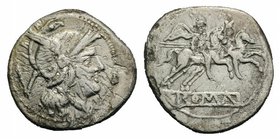 Anonymous, Rome, 211-208 BC. AR Quinarius (15mm, 2.00g, 11h). Helmeted head of Roma r. R/ Dioscuri on horseback riding r., each holding transverse spe...