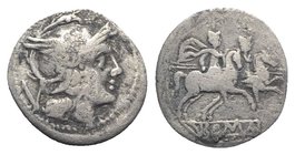 Anonymous, Rome, 211-208 BC. AR Quinarius (14mm, 1.91g, 9h). Helmeted head of Roma r. R/ Dioscuri on horseback riding r., each holding transverse spea...