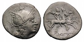 Anonymous, Rome, after 211 BC. AR Quinarius (14mm, 1.75g, 3h). Helmeted head of Roma r. R/ Dioscuri on horseback riding r., each holding transverse sp...