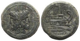 Anonymous, Rome, after 211 BC. Æ As (38mm, 48.02g, 7h). Laureate head of Janus. R/ Prow of galley r. Crawford 56/2; RBW 200-2. Green patina, VF
