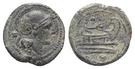 Anonymous, Rome, after 211 BC. Æ Uncia (17mm, 3.81g, 6h). Helmeted head of Roma r. R/ Prow of galley r. Crawford 56/7; RBW 215. Green patina, Good Fin...