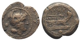 Anonymous, Rome, after 211 BC. Æ Uncia (18mm, 3.53g, 6h). Helmeted head of Roma r. R/ Prow of galley r. Crawford 56/7; RBW 215. Good Fine
