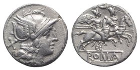 Crescent series, Rome, 207 BC. AR Denarius (17mm, 3.96g, 6h). Helmeted head of Roma r. R/ Dioscuri on horseback riding r.; crescent between the riders...