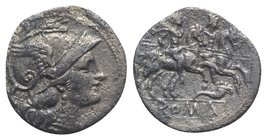 Cornucopia series, Rome, 207 BC. AR Denarius (18mm, 2.85g, 2h). Helmeted head of Roma r. R/ The Dioscuri, each holding spear, on horseback r.; two sta...