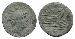 MA series, Sardinia, 210 BC. Æ Sextans (18.5mm, 3.63g, 2h). Head of Mercury r. wearing winged petasos. R/ Prow of galley r.; MA monogram before. Crawf...