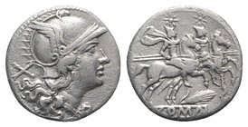 Grain-ear series, Sicily, 209-208 BC. AR Denarius (17mm, 3.71g, 7h). Helmeted head of Roma r. R/ The Dioscuri on horseback riding r.; grain ear and cr...