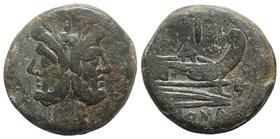 Dolphin series, Sicily (?), c. 209-208 BC. Æ As (36mm, 40.11g, 12h). Laureate head of bearded Janus. R/ Prow of galley r.; dolphin to r. Crawford 80/2...