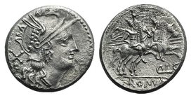 Q. Lutatius Catulus or Cerco, Uncertain mint, 206-200 BC. AR Denarius (19mm, 3.76g, 9h). Helmeted head of Roma r. R/ The Dioscuri, each holding spear,...