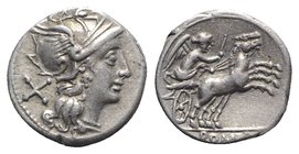 Anonymous, Rome, c. 157/6 BC. AR Denarius (16mm, 3.89g, 8h). Helmeted head of Roma r. R/ Victory driving biga r. Crawford 197/1a; RBW 846; RSC 6. Good...