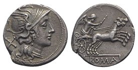 Anonymous, Rome, c. 157/6 BC. AR Denarius (16mm, 3.68g, 9h). Helmeted head of Roma r. R/ Victory driving biga r. Crawford 197/1a; RBW 846; RSC 6. Tone...