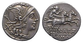 Pinarius Natta, Rome, 155 BC. AR Denarius (16mm, 3.73g, 1h). Head of Roma r. R/ Victory driving galloping biga r., holding whip and reins; NAT(TA) bel...