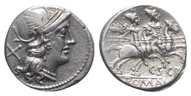 C. Scribonius, Rome, 154 BC. AR Denarius (17mm, 3.92g, 3h). Helmeted head of Roma r. R/ The Dioscuri riding r. Crawford 201/1; RBW 864; RSC Scribonia ...