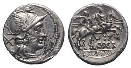 C. Scribonius, Rome, 154 BC. AR Denarius (18mm, 3.68g, 3h). Helmeted head of Roma r. R/ The Dioscuri riding r. Crawford 201/1; RBW 864; RSC Scribonia ...