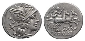 L. Saufeius, Rome, 152 BC. AR Denarius (17mm, 3.90g, 1h). Helmeted head of Roma r. R/ Victory, holding reins and whip, driving galloping biga r. Crawf...