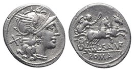 L. Saufeius, Rome, 152 BC. AR Denarius (19mm, 3.63g, 2h). Helmeted head of Roma r. R/ Victory, holding reins and whip, driving galloping biga r. Crawf...
