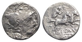 L. Saufeius, Rome, 152 BC. AR Denarius (17mm, 2.94g, 5h). Helmeted head of Roma r. R/ Victory, holding reins and whip, driving galloping biga r. Crawf...
