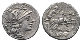 Pub. Sulla, Rome, 151 BC. AR Denarius (18mm, 3.71g, 2h). Helmeted head of Roma r. R/ Victory, holding whip, driving biga r. Crawford 205/1; RBW 879; R...