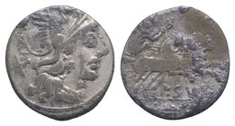 Pub. Sulla, Rome, 151 BC. AR Denarius (17mm, 3.25g, 6h). Helmeted head of Roma r. R/ Victory, holding whip, driving biga r. Crawford 205/1; RBW 879; R...